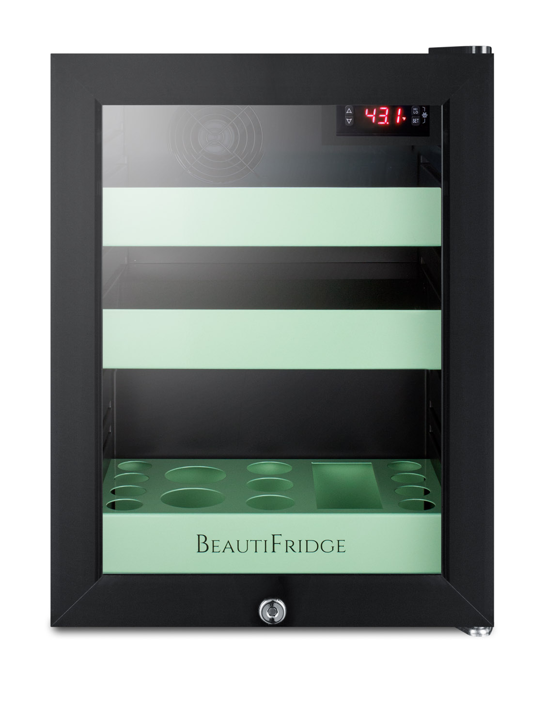 BeautiFridge compact cosmetics cooler with glass door, black cabinet, lock, glossy mint-colored shelves, and digital controls set for the storage of beauty products